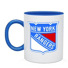 Кружка двухцветная с принтом New York Rangers в Курске, керамика | объем — 330 мл, диаметр — 80 мм. Цветная ручка и кайма сверху, в некоторых цветах — вся внутренняя часть | new york rangers | nhl | национальная хоккейная лига | нью йорк рейнджерс | хоккей | хоккейная лига