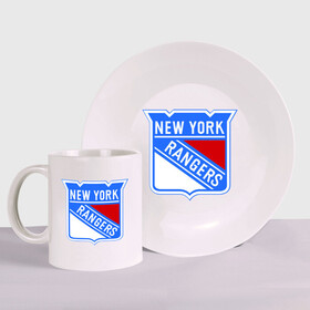 Набор: тарелка + кружка с принтом New York Rangers в Курске, керамика | Кружка: объем — 330 мл, диаметр — 80 мм. Принт наносится на бока кружки, можно сделать два разных изображения. 
Тарелка: диаметр - 210 мм, диаметр для нанесения принта - 120 мм. | Тематика изображения на принте: new york rangers | nhl | национальная хоккейная лига | нью йорк рейнджерс | хоккей | хоккейная лига