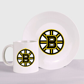 Набор: тарелка + кружка с принтом Boston Bruins в Курске, керамика | Кружка: объем — 330 мл, диаметр — 80 мм. Принт наносится на бока кружки, можно сделать два разных изображения. 
Тарелка: диаметр - 210 мм, диаметр для нанесения принта - 120 мм. | нхл | хоккейная лига