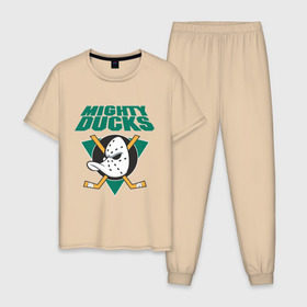 Мужская пижама хлопок с принтом Anaheim Mighty Ducks в Курске, 100% хлопок | брюки и футболка прямого кроя, без карманов, на брюках мягкая резинка на поясе и по низу штанин
 | Тематика изображения на принте: anaheim mighty ducks | майти дакс | национальная лига калифорнии | хокей | хоккей