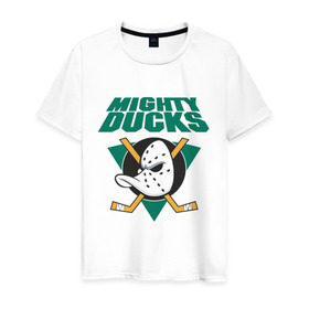 Мужская футболка хлопок с принтом Anaheim Mighty Ducks в Курске, 100% хлопок | прямой крой, круглый вырез горловины, длина до линии бедер, слегка спущенное плечо. | Тематика изображения на принте: anaheim mighty ducks | майти дакс | национальная лига калифорнии | хокей | хоккей