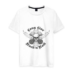 Мужская футболка хлопок с принтом Long Live Rock`n`Roll в Курске, 100% хлопок | прямой крой, круглый вырез горловины, длина до линии бедер, слегка спущенное плечо. | rock | rocknroll | гитары | рок | рок н ролл | череп | черепок | черепушка