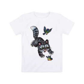 Детская футболка хлопок с принтом Котик и воробьи в Курске, 100% хлопок | круглый вырез горловины, полуприлегающий силуэт, длина до линии бедер | 