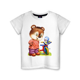 Детская футболка хлопок с принтом Медвежонок в Курске, 100% хлопок | круглый вырез горловины, полуприлегающий силуэт, длина до линии бедер | велосипед | медведь | медвеженок | медвежонок | птичка