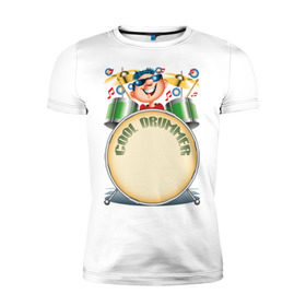 Мужская футболка премиум с принтом Cool Drummer в Курске, 92% хлопок, 8% лайкра | приталенный силуэт, круглый вырез ворота, длина до линии бедра, короткий рукав | Тематика изображения на принте: барабанщик | музыка | музыкант | ударник
