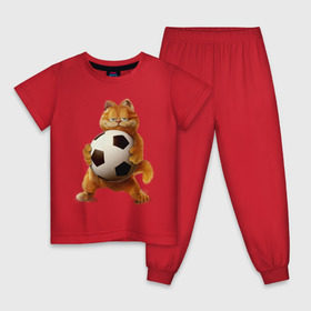Детская пижама хлопок с принтом Гарфилд (3) в Курске, 100% хлопок |  брюки и футболка прямого кроя, без карманов, на брюках мягкая резинка на поясе и по низу штанин
 | Тематика изображения на принте: garfield | гарфилд | кот | коты | кошки | мульт | мультик | мульфильм | мяч | футбольный мяч