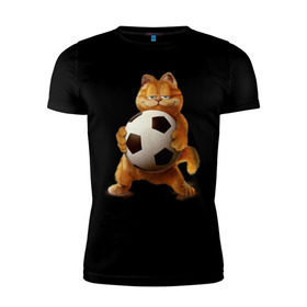 Мужская футболка премиум с принтом Гарфилд (3) в Курске, 92% хлопок, 8% лайкра | приталенный силуэт, круглый вырез ворота, длина до линии бедра, короткий рукав | garfield | гарфилд | кот | коты | кошки | мульт | мультик | мульфильм | мяч | футбольный мяч