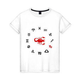 Женская футболка хлопок с принтом Скорпион (5) в Курске, 100% хлопок | прямой крой, круглый вырез горловины, длина до линии бедер, слегка спущенное плечо | zodiac | гороскоп | знак зодиака | знаки зодиака | скрпион
