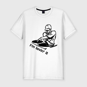 Мужская футболка премиум с принтом I `m lovin ` it (2) в Курске, 92% хлопок, 8% лайкра | приталенный силуэт, круглый вырез ворота, длина до линии бедра, короткий рукав | 