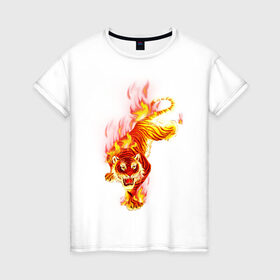Женская футболка хлопок с принтом Тигр в огне в Курске, 100% хлопок | прямой крой, круглый вырез горловины, длина до линии бедер, слегка спущенное плечо | животные | огонь | пламя | тигр в огне | тирг | хищники