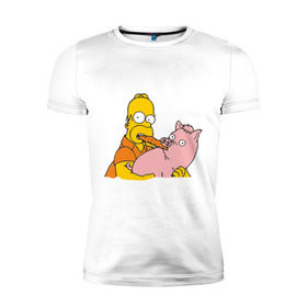 Мужская футболка премиум с принтом Гомер и свинья в Курске, 92% хлопок, 8% лайкра | приталенный силуэт, круглый вырез ворота, длина до линии бедра, короткий рукав | гомер
