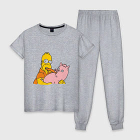 Женская пижама хлопок с принтом Гомер и свинья в Курске, 100% хлопок | брюки и футболка прямого кроя, без карманов, на брюках мягкая резинка на поясе и по низу штанин | Тематика изображения на принте: гомер