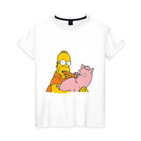 Женская футболка хлопок с принтом Гомер и свинья в Курске, 100% хлопок | прямой крой, круглый вырез горловины, длина до линии бедер, слегка спущенное плечо | Тематика изображения на принте: гомер