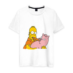 Мужская футболка хлопок с принтом Гомер и свинья в Курске, 100% хлопок | прямой крой, круглый вырез горловины, длина до линии бедер, слегка спущенное плечо. | гомер