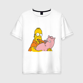 Женская футболка хлопок Oversize с принтом Гомер и свинья в Курске, 100% хлопок | свободный крой, круглый ворот, спущенный рукав, длина до линии бедер
 | гомер