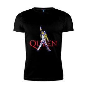 Мужская футболка премиум с принтом Queen(2) в Курске, 92% хлопок, 8% лайкра | приталенный силуэт, круглый вырез ворота, длина до линии бедра, короткий рукав | rock | классический рок | куин | меркури | меркьюри | рок | фредди | фреди