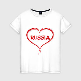 Женская футболка хлопок с принтом Люблю Россию! в Курске, 100% хлопок | прямой крой, круглый вырез горловины, длина до линии бедер, слегка спущенное плечо | russia | россия | русский | че2012 | я люблю россию | я русский