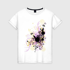 Женская футболка хлопок с принтом 2 rabbit in flowers в Курске, 100% хлопок | прямой крой, круглый вырез горловины, длина до линии бедер, слегка спущенное плечо | flowers | playboy | зайчик | плейбой | цветы