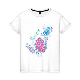 Женская футболка хлопок с принтом Flowers в Курске, 100% хлопок | прямой крой, круглый вырез горловины, длина до линии бедер, слегка спущенное плечо | 