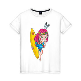 Женская футболка хлопок с принтом Surfer Girl в Курске, 100% хлопок | прямой крой, круглый вырез горловины, длина до линии бедер, слегка спущенное плечо | girl | surf | surfer | surfer girl | волна | девочка серфер | на гребне | серф | серфер | серфинг