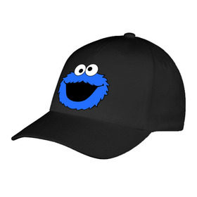 Бейсболка с принтом Cookie Monster face в Курске, 100% хлопок | классический козырек, металлическая застежка-регулятор размера | Тематика изображения на принте: cookie monster | куки монстр | сезам | улица сезам