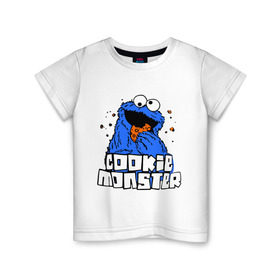 Детская футболка хлопок с принтом Cookie monster ест печеньку в Курске, 100% хлопок | круглый вырез горловины, полуприлегающий силуэт, длина до линии бедер | cookie monster | куки монстр | улица сезам
