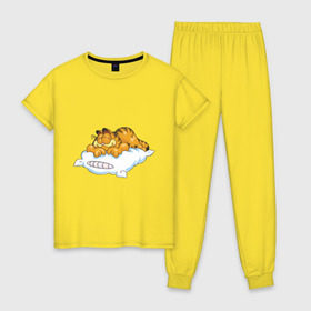 Женская пижама хлопок с принтом Гарфилд в Курске, 100% хлопок | брюки и футболка прямого кроя, без карманов, на брюках мягкая резинка на поясе и по низу штанин | garfield | гарфилд