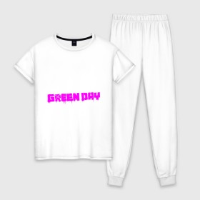 Женская пижама хлопок с принтом Green Day - логотип в Курске, 100% хлопок | брюки и футболка прямого кроя, без карманов, на брюках мягкая резинка на поясе и по низу штанин | green day
