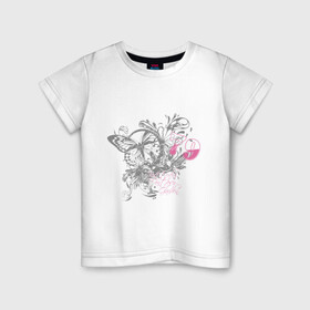 Детская футболка хлопок с принтом Бабочка и цветы в Курске, 100% хлопок | круглый вырез горловины, полуприлегающий силуэт, длина до линии бедер | Тематика изображения на принте: бабочка