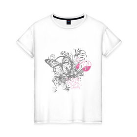 Женская футболка хлопок с принтом Бабочка и цветы в Курске, 100% хлопок | прямой крой, круглый вырез горловины, длина до линии бедер, слегка спущенное плечо | бабочка