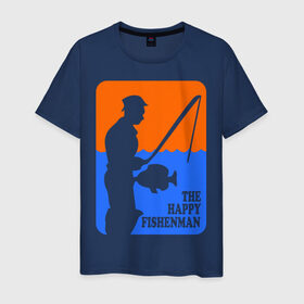 Мужская футболка хлопок с принтом Счастливый рыбак в Курске, 100% хлопок | прямой крой, круглый вырез горловины, длина до линии бедер, слегка спущенное плечо. | fishenman | happy | рыба | рыбалка | счастье