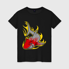 Женская футболка хлопок с принтом Свирепая акула в Курске, 100% хлопок | прямой крой, круглый вырез горловины, длина до линии бедер, слегка спущенное плечо | огонь | свирепая акула | хищник