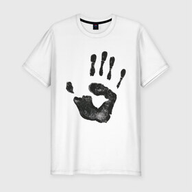 Мужская футболка премиум с принтом Отпечаток руки в Курске, 92% хлопок, 8% лайкра | приталенный силуэт, круглый вырез ворота, длина до линии бедра, короткий рукав | ладонь | отпечаток | отпечаток руки | рука | след от руки