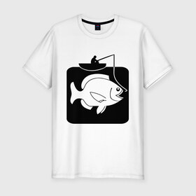 Мужская футболка премиум с принтом Рыбак и большая рыба в Курске, 92% хлопок, 8% лайкра | приталенный силуэт, круглый вырез ворота, длина до линии бедра, короткий рукав | Тематика изображения на принте: лодка | прикольные | рисунок | рыба | рыбак | рыбалка