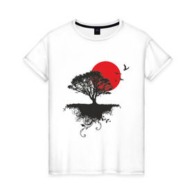 Женская футболка хлопок с принтом Солнце востока в Курске, 100% хлопок | прямой крой, круглый вырез горловины, длина до линии бедер, слегка спущенное плечо | восток | восходящее солнце | дальний восток | дерево | солнце | тень | япония