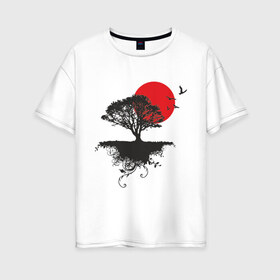 Женская футболка хлопок Oversize с принтом Солнце востока в Курске, 100% хлопок | свободный крой, круглый ворот, спущенный рукав, длина до линии бедер
 | восток | восходящее солнце | дальний восток | дерево | солнце | тень | япония