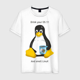 Мужская футболка хлопок с принтом Drink your OS And smell Linux в Курске, 100% хлопок | прямой крой, круглый вырез горловины, длина до линии бедер, слегка спущенное плечо. | Тематика изображения на принте: пингвин