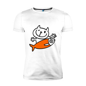 Мужская футболка премиум с принтом Кот и большая рыба в Курске, 92% хлопок, 8% лайкра | приталенный силуэт, круглый вырез ворота, длина до линии бедра, короткий рукав | довольный кот | кот | коты | котя | рыба | сытый кот
