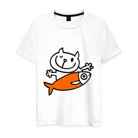 Мужская футболка хлопок с принтом Кот и большая рыба в Курске, 100% хлопок | прямой крой, круглый вырез горловины, длина до линии бедер, слегка спущенное плечо. | Тематика изображения на принте: довольный кот | кот | коты | котя | рыба | сытый кот