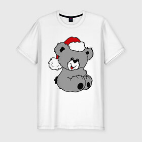 Мужская футболка премиум с принтом Милый медведь в шапочке в Курске, 92% хлопок, 8% лайкра | приталенный силуэт, круглый вырез ворота, длина до линии бедра, короткий рукав | Тематика изображения на принте: медвежонок | медеведь | мишка | мишутка | шапка | шапочка