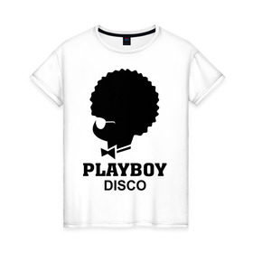 Женская футболка хлопок с принтом Playboy disco в Курске, 100% хлопок | прямой крой, круглый вырез горловины, длина до линии бедер, слегка спущенное плечо | disco | play boy | playboy | диско | зайчик | плей бой | плейбой