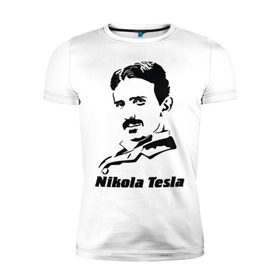 Мужская футболка премиум с принтом Nikola Tesla в Курске, 92% хлопок, 8% лайкра | приталенный силуэт, круглый вырез ворота, длина до линии бедра, короткий рукав | Тематика изображения на принте: nikola tesla | знаменитая личность | знаменитость | никола тесла | портрет | тесла | ученый | физик