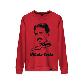 Женский свитшот хлопок с принтом Nikola Tesla в Курске, 100% хлопок | прямой крой, круглый вырез, на манжетах и по низу широкая трикотажная резинка  | nikola tesla | знаменитая личность | знаменитость | никола тесла | портрет | тесла | ученый | физик