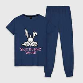 Женская пижама хлопок с принтом Your Bunny Wrote в Курске, 100% хлопок | брюки и футболка прямого кроя, без карманов, на брюках мягкая резинка на поясе и по низу штанин | bunny | кролик | мат