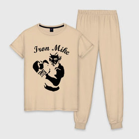 Женская пижама хлопок с принтом Майк Тайсон в Курске, 100% хлопок | брюки и футболка прямого кроя, без карманов, на брюках мягкая резинка на поясе и по низу штанин | mike tyson | железный майк