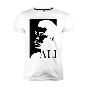 Мужская футболка премиум с принтом Мухамед Али в Курске, 92% хлопок, 8% лайкра | приталенный силуэт, круглый вырез ворота, длина до линии бедра, короткий рукав | мухаммад | мухаммед