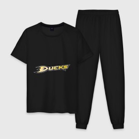 Мужская пижама хлопок с принтом Anaheim Ducks Selanne в Курске, 100% хлопок | брюки и футболка прямого кроя, без карманов, на брюках мягкая резинка на поясе и по низу штанин
 | Тематика изображения на принте: anaheim ducks | nxl | калифорния | нацинальная лига | нхл | сша | хокей | хоккей