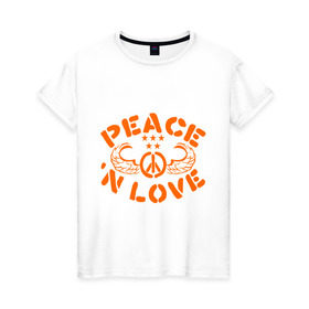 Женская футболка хлопок с принтом Peace n Love в Курске, 100% хлопок | прямой крой, круглый вырез горловины, длина до линии бедер, слегка спущенное плечо | хиппи
