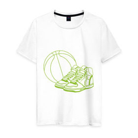 Мужская футболка хлопок с принтом Баскетбол (мяч и кеды) в Курске, 100% хлопок | прямой крой, круглый вырез горловины, длина до линии бедер, слегка спущенное плечо. | баскетбольный мяч | кеды