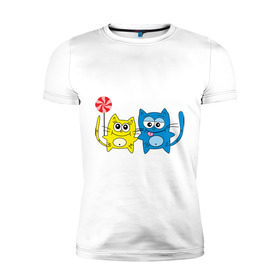 Мужская футболка премиум с принтом Влюбленные котята в Курске, 92% хлопок, 8% лайкра | приталенный силуэт, круглый вырез ворота, длина до линии бедра, короткий рукав | влюбленные | влюбленные котятакотик | киса | кот | котенок | котята | кошка | любовь | парочка
